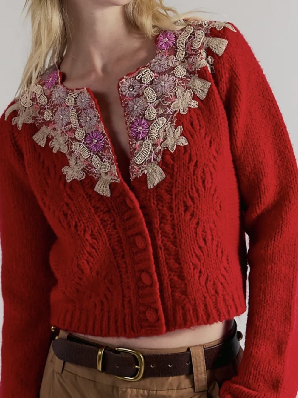 Free People Pixie Embellished Red Wool Blend Cardigan Cable Knit Medium cropped